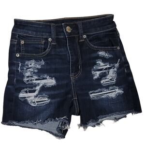 American Eagle Womens Hi-Rise Shortie Dark Wash Distressed Jean Shorts Size 00